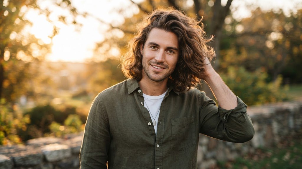 A stylish man with medium-length wavy hair and long layers in a bro flow haircut, perfect for a heart-shaped face