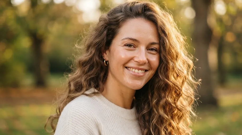Close-up portrait of a woman with long wavy frizzy hair showcasing natural texture and healthy movement