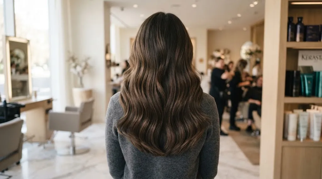 Back view of long, thick wavy hair styled with a smooth U-cut to reduce heaviness and frizz.
