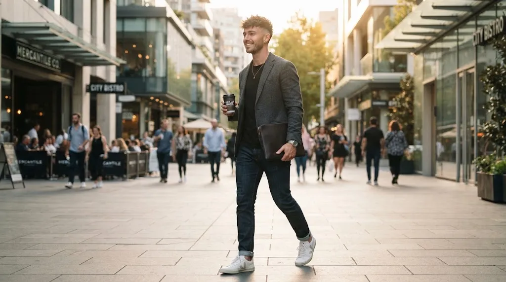 Man with a heart-shaped face showcasing a stylish low fade haircut with a messy textured top