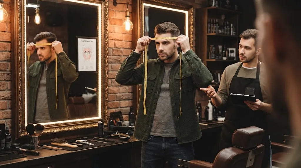 A man using a tape measure in front of a mirror to check his facial proportions for a heart shaped face haircut