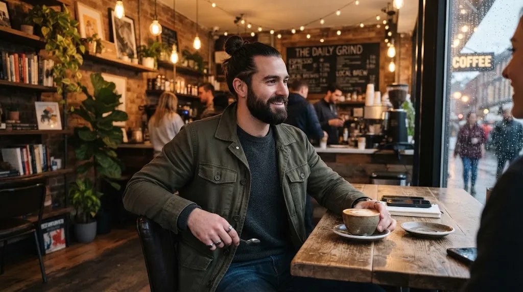 A stylish man with a well-groomed man bun hairstyle and a short beard balancing a heart-shaped face.
