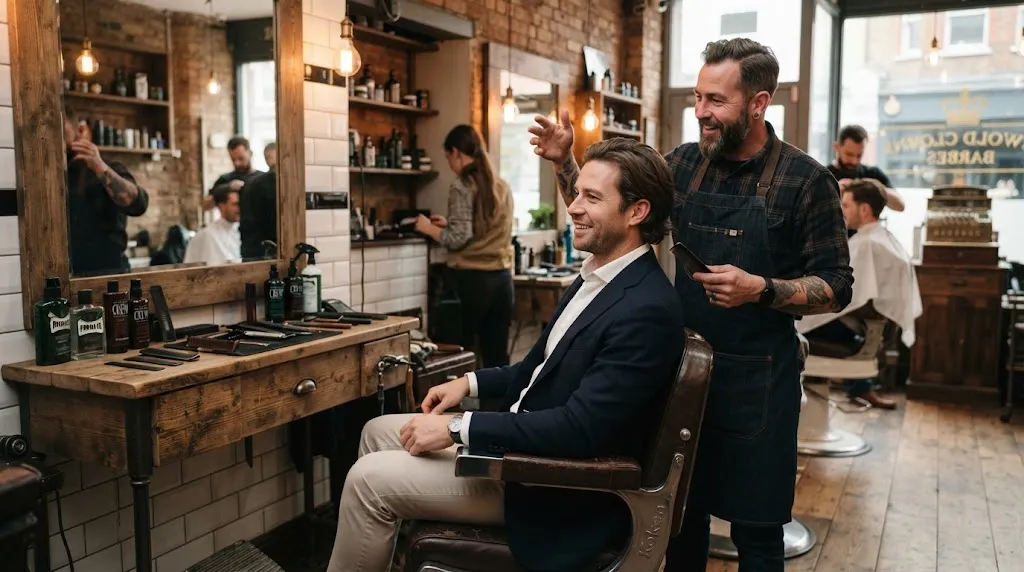 A man having a professional haircut consultation with his barber in a modern barbershop
