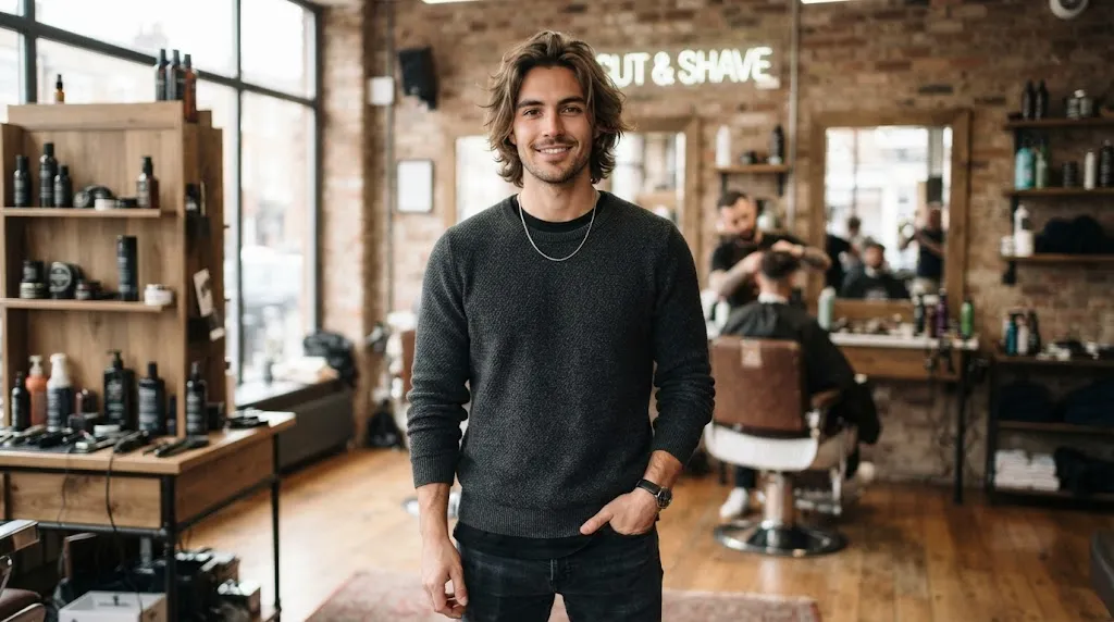 Man with medium layers hairstyle and textured ends balancing a heart-shaped face in a modern barbershop