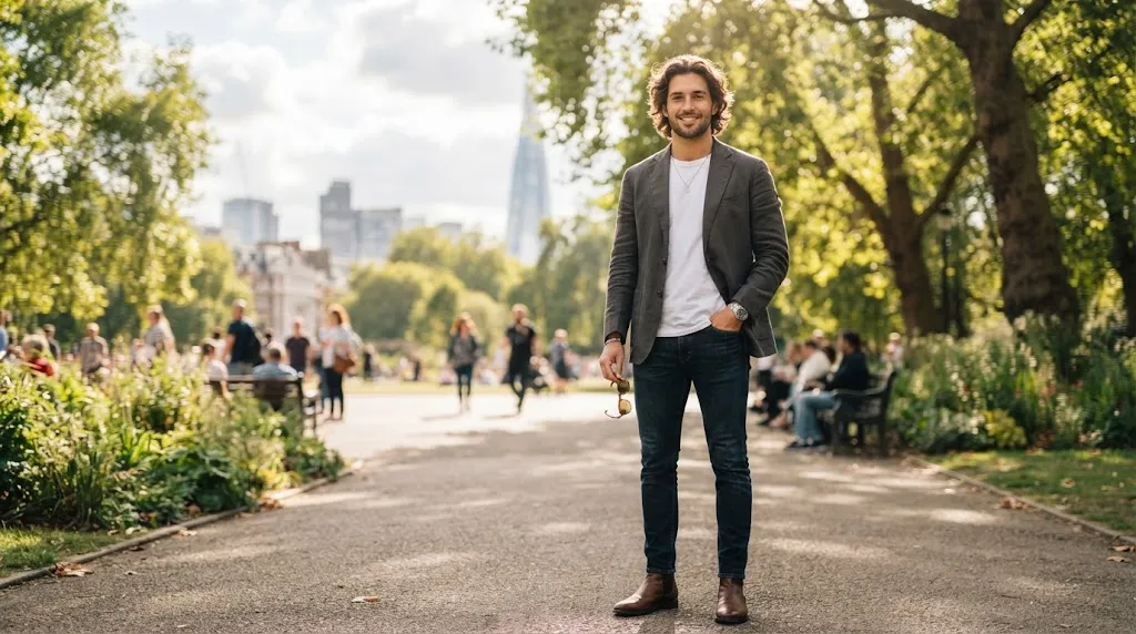 A stylish man with medium-length wavy hair showing natural movement and texture, perfect for balancing a heart-shaped face.