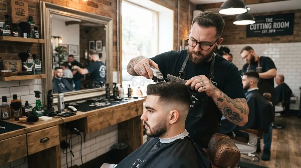 A skilled barber precisely styling a modern flat-top haircut with clean tapered sides in a professional barbershop.
