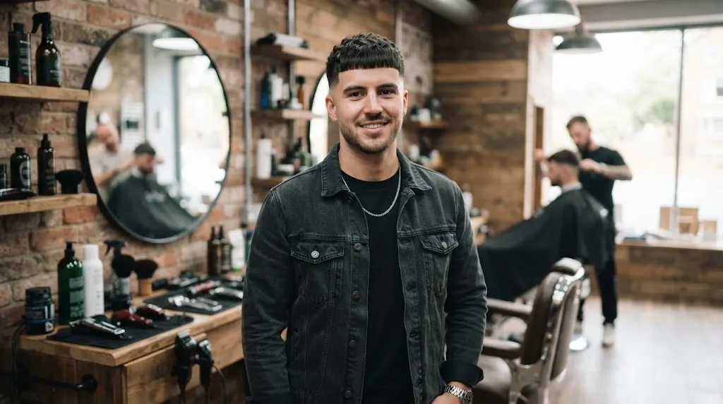 Stylish man with a textured French Crop haircut and low fade, perfectly balancing a heart-shaped face with a clean fringe.