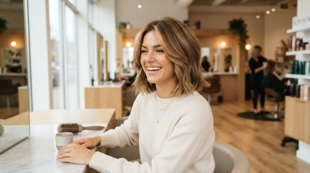A stylish woman with a smooth, frizz-free layered bob haircut showing soft movement and natural texture in a bright salon setting.