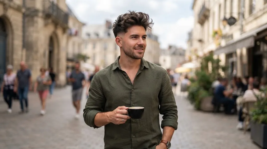 A stylish man with a textured messy quiff hairstyle and low taper fade, ideal for balancing a heart-shaped face