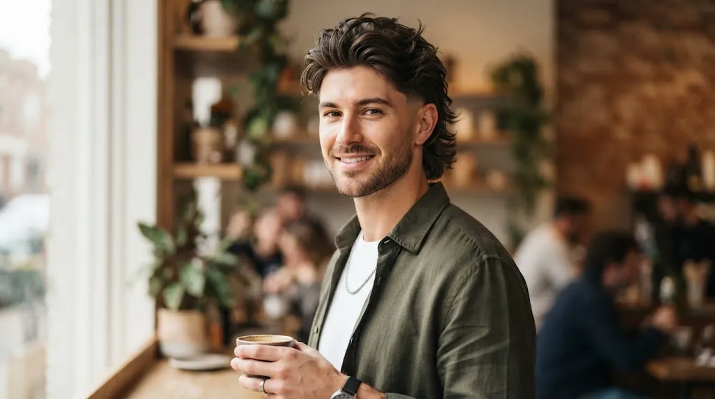 A man showcasing a stylish modern mullet with textured layers and a low taper fade, ideal for balancing a heart-shaped face.