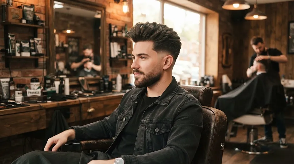A man with a modern textured pompadour haircut and low taper fade balancing a heart-shaped face in a barbershop
