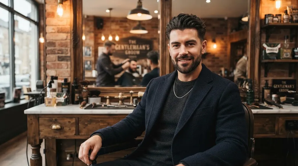 A man with a heart-shaped face wearing a textured slick back hairstyle with matte finish and full sides in a modern barbershop.