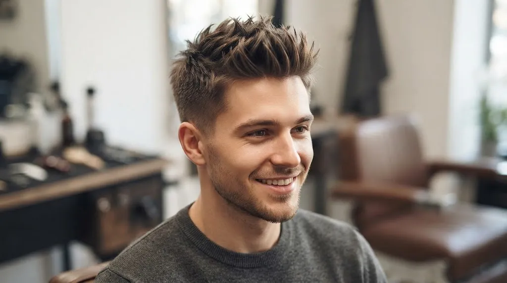 A man with a heart-shaped face and a modern, soft, textured spiky haircut with tapered sides in a barbershop.