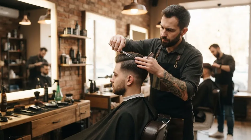 A professional barber giving a precision haircut to a male client in a stylish barbershop