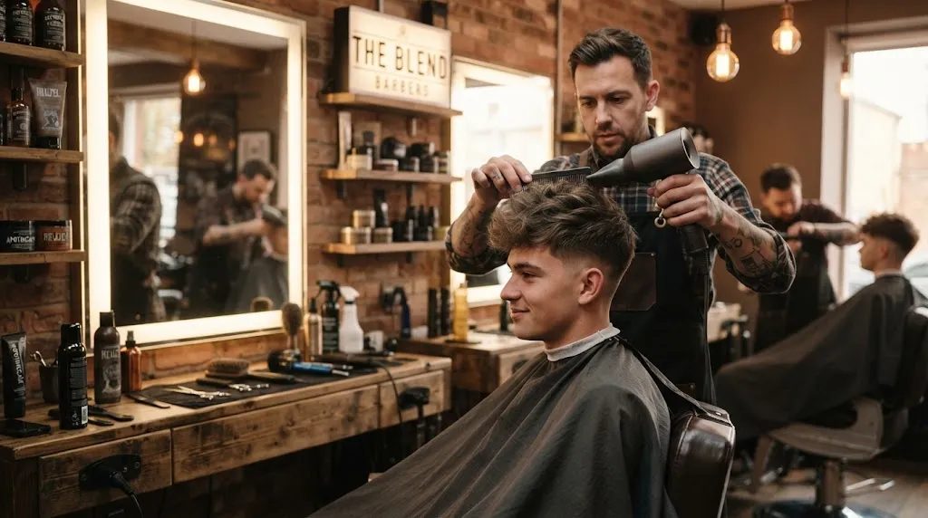 Professional barber cutting and styling a modern textured hairstyle in a high-end salon