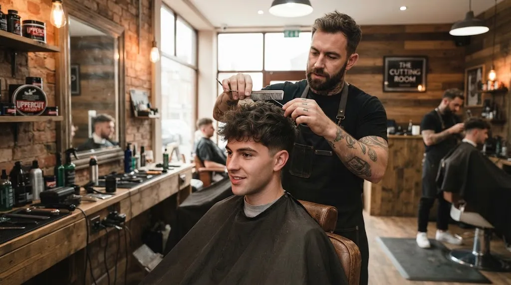 A professional stylist working on a modern men's hairstyle to avoid harsh bowl cuts and blunt chin-length lines on a heart-shaped face.