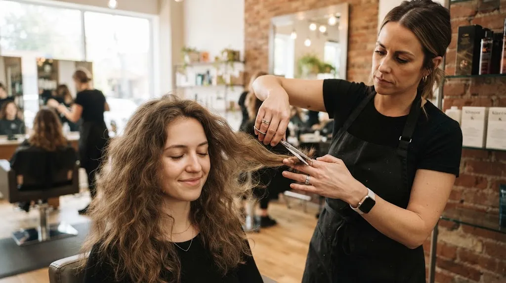 Professional hair stylist performing a dry cutting technique on wavy frizzy hair to control volume and shape