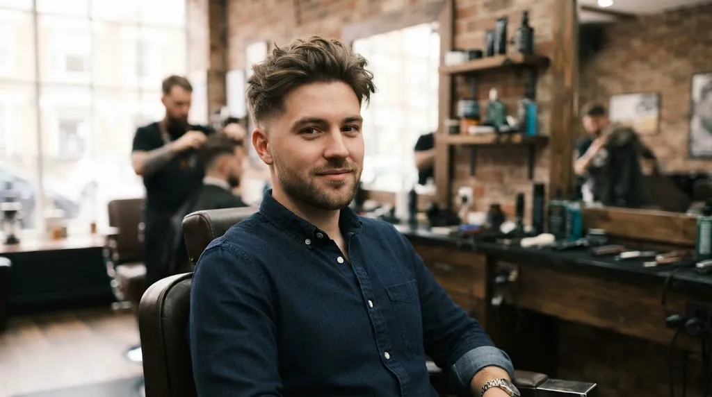 Man with a textured hairstyle showcasing a flat, matte product finish in a modern barbershop