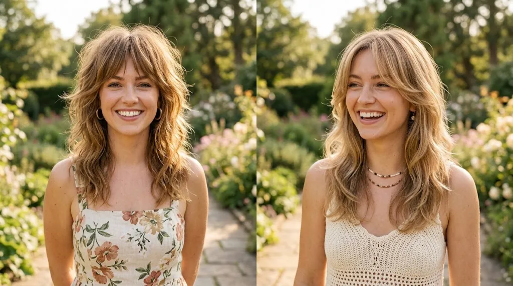 Side-by-side comparison of a classic textured shag haircut and a soft shag sachel style on women in natural summer sunlight