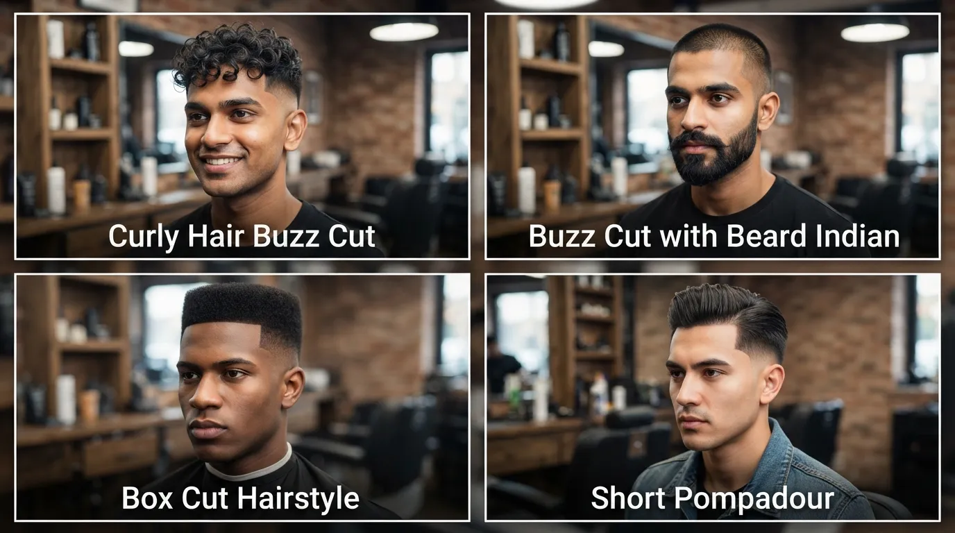 Modern short haircuts for men featuring buzz cuts, fades, textured tops, pompadours, and clean structured styles