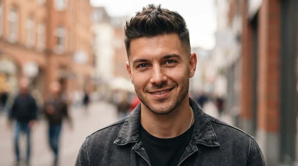 A stylish man wearing a short faux hawk haircut with textured center volume and tapered sides.