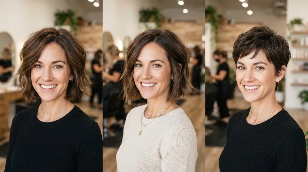 A professional salon photograph displaying short layered haircut options like a chic French bob and textured pixie cut on a woman with healthy hair