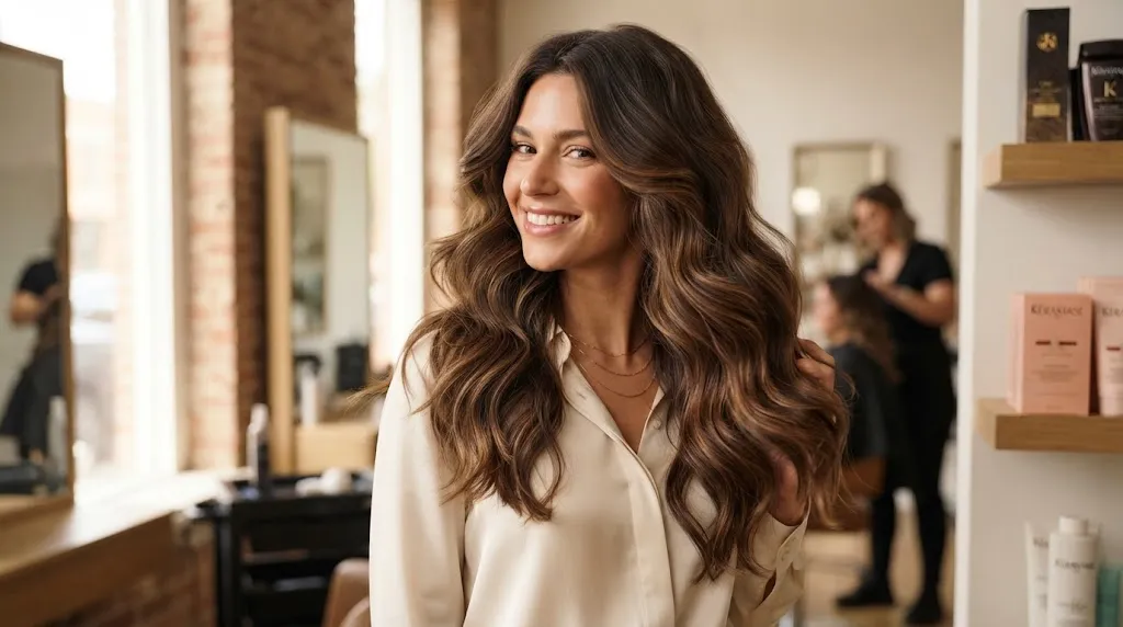 A person with gorgeous wavy and frizzy hair showcasing soft, blended layers that control volume and eliminate bulk.