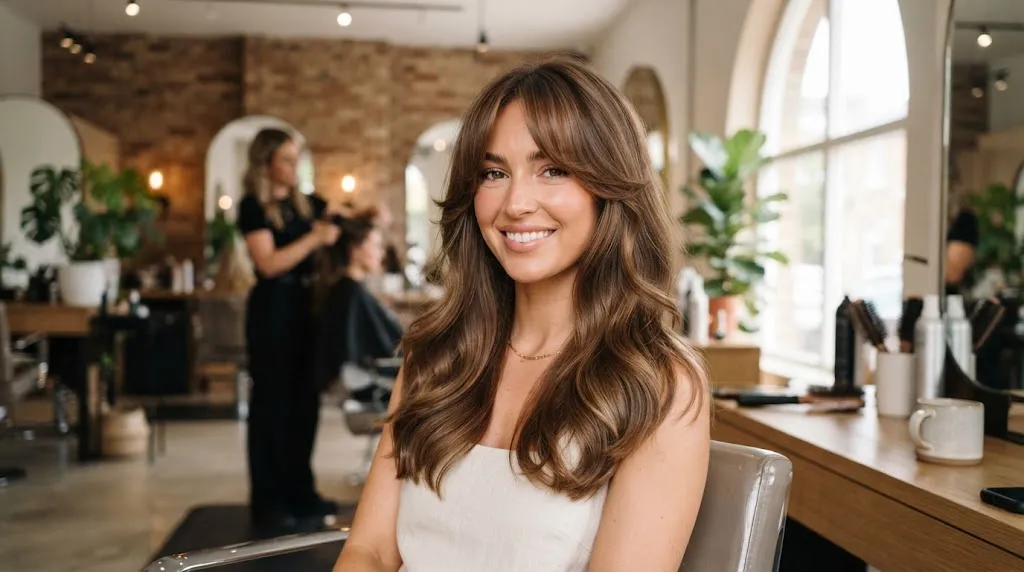 A woman with beautifully styled, smooth, frizz-free curtain bangs and face-framing layers in a hair salon