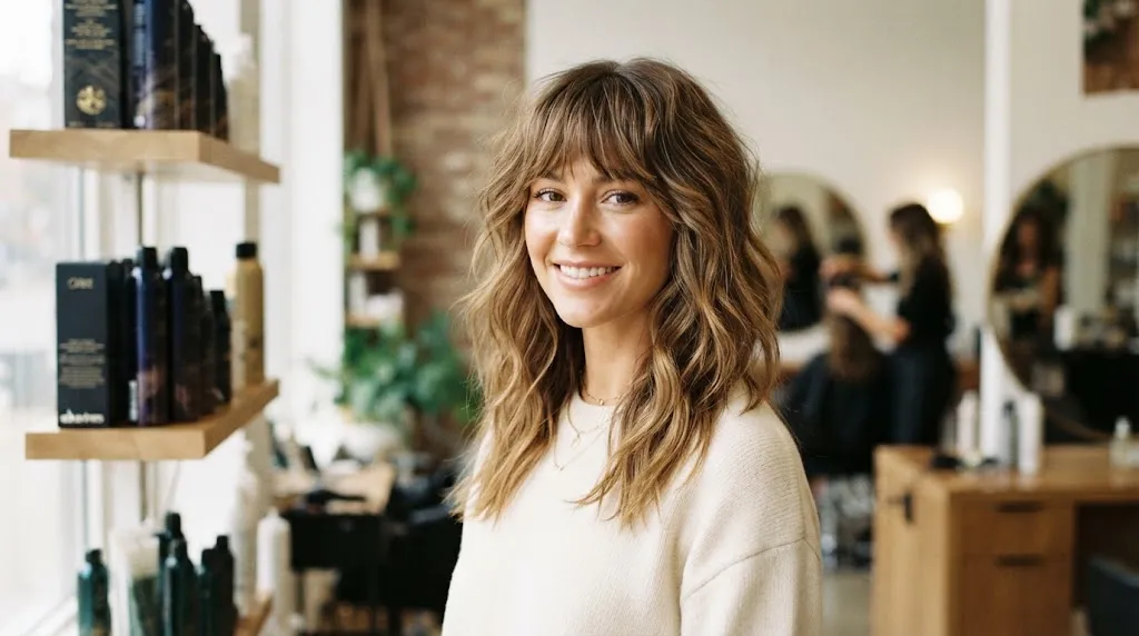 Soft shag haircut featuring well-blended layers and natural movement on wavy, frizzy hair