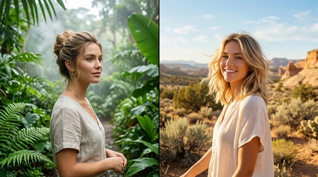 Split-screen view comparing a high updo hairstyle for humid heat on the left with a soft layered haircut for dry heat on the right