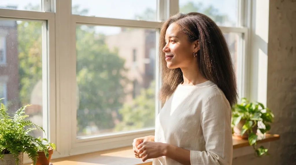 A person with straight frizzy hair near a sunlit window showcasing a smooth, polished perimeter and minimal layers