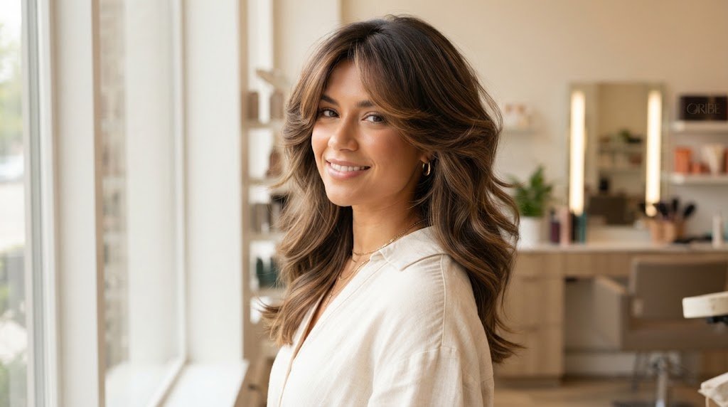 A person with a gorgeous butterfly cut featuring voluminous rounded layers and face-framing pieces designed for wavy and frizzy hair