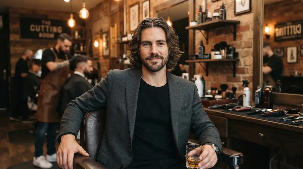 A stylish man with a modern medium-length curtain hairstyle framing his face in a well-lit setting