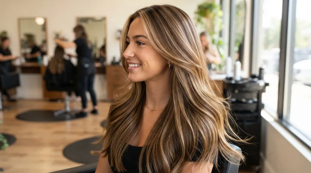 A woman with long, healthy hair showcasing subtle, invisible layers that provide natural movement without obvious shelf lines.
