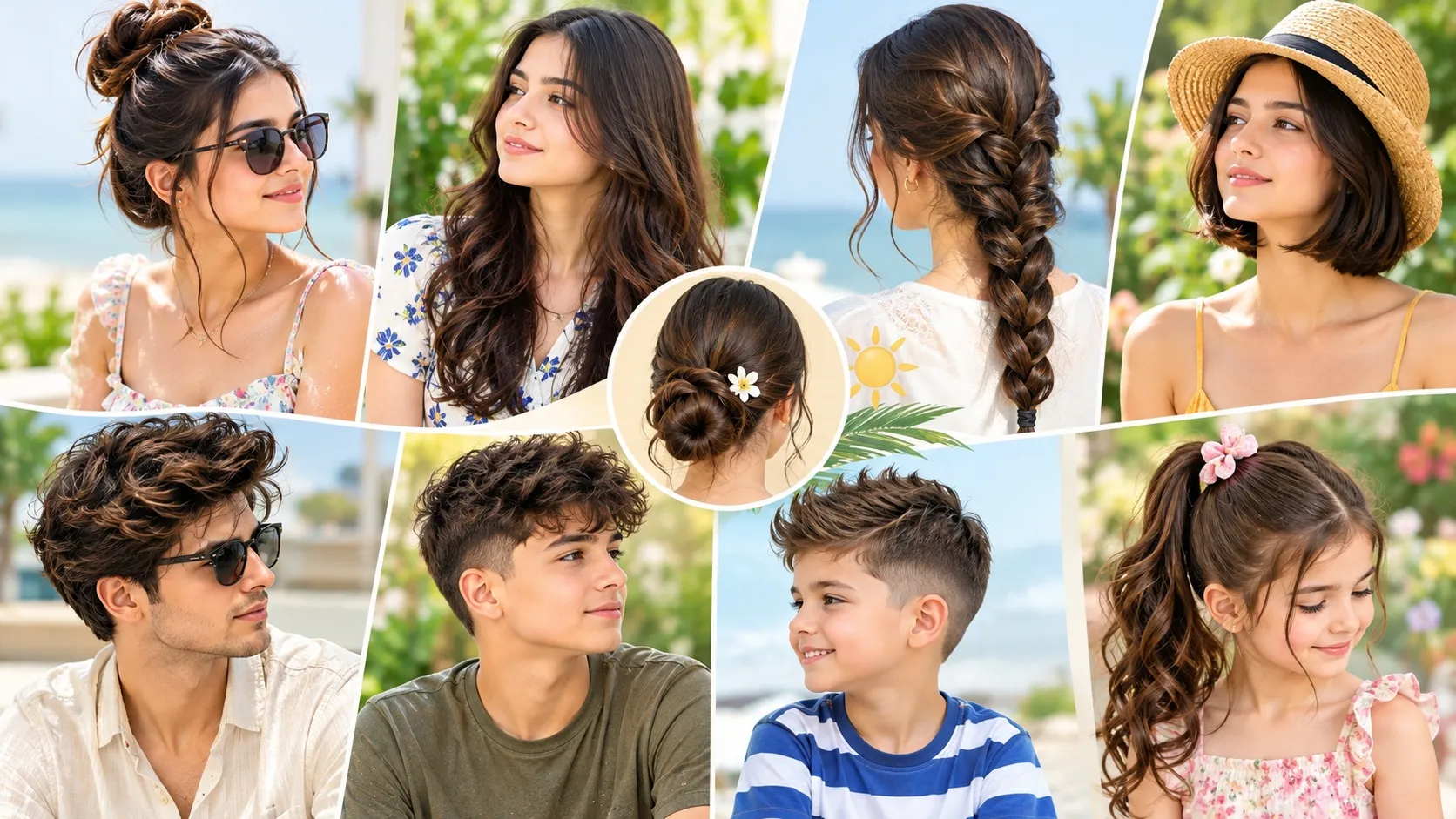 Summer hairstyles for women, men, boys, and girls, featuring braids, messy buns, soft waves, ponytails, and short haircuts.