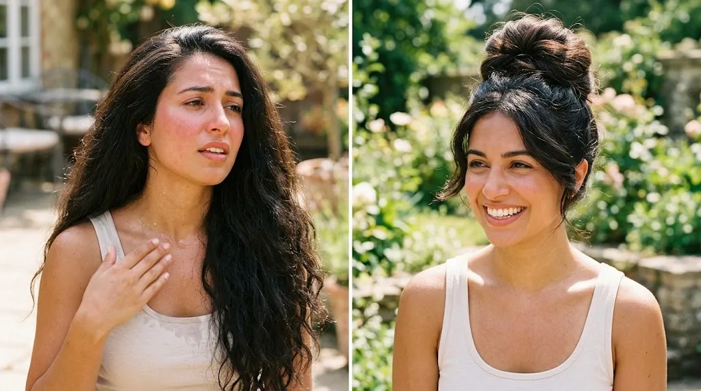 Woman lifting thick heavy hair off her neck into a high styled updo for summer heat relief