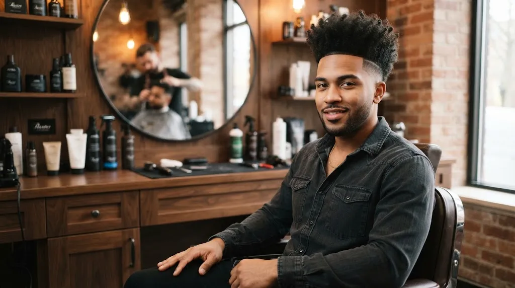 Stylish man showcasing a clean temple fade with high top volume tailored for a heart-shaped face