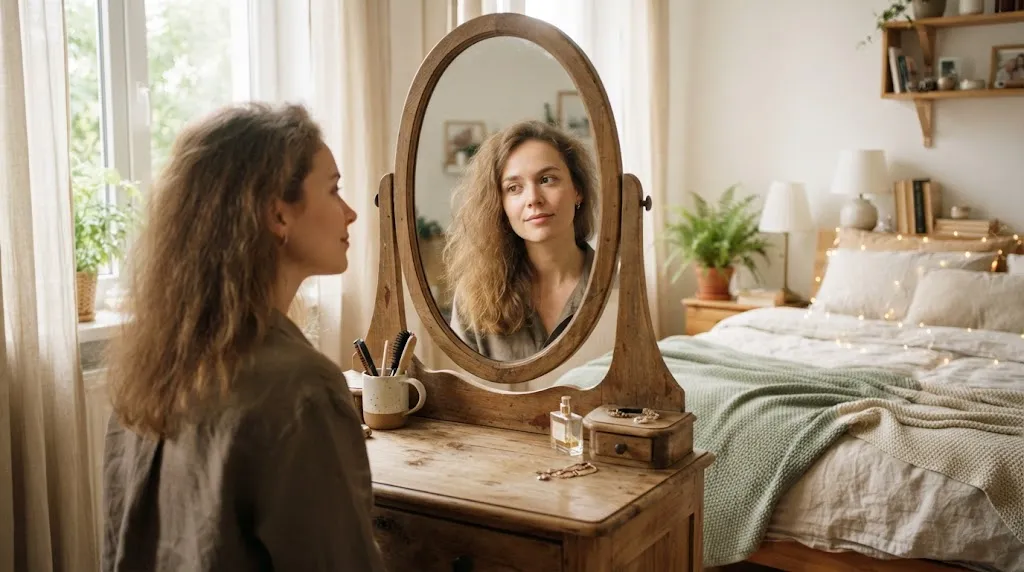 A person with thin or fine frizzy hair looking in the mirror in a bright bedroom, demonstrating gentle hair care and styling techniques.