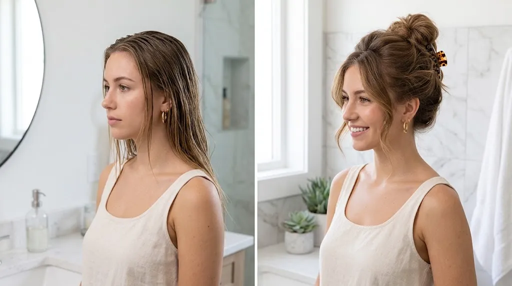 Split-screen comparison showing flat second-day oily hair roots next to a voluminous claw-clip updo for summer hair styling.
