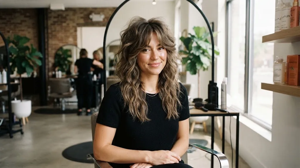 A person with wavy hair showcasing a modern wolf cut with textured layers and curtain bangs