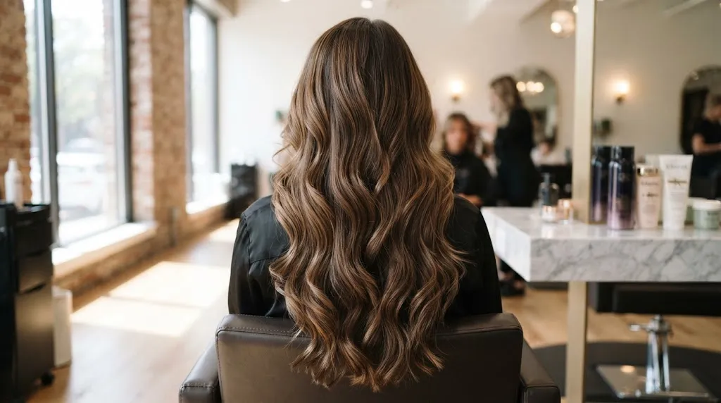 Back view of a woman with long, thick wavy hair styled in a graceful V-cut with seamless layers to reduce bulk and frizz.