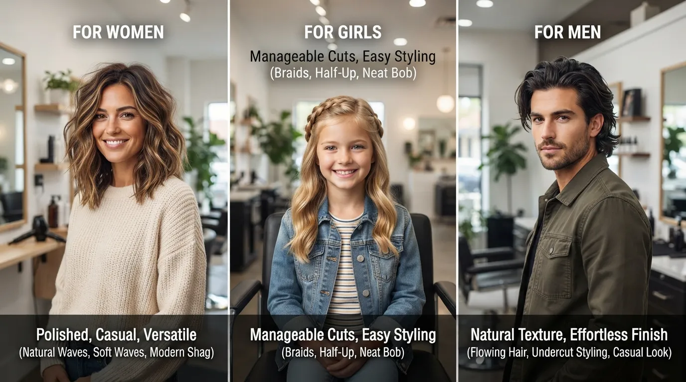 Medium-length hairstyles for men and women featuring layered, wavy, textured, and face-framing looks
