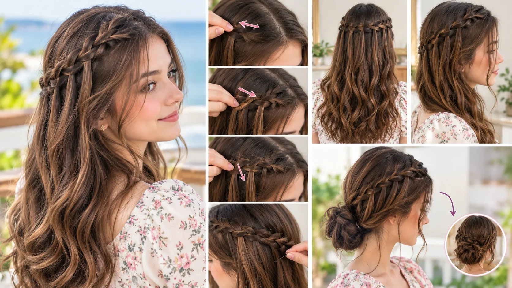 Woman with a waterfall braid across the crown of long wavy brown hair, with close-up styling steps and a low braided bun variation.