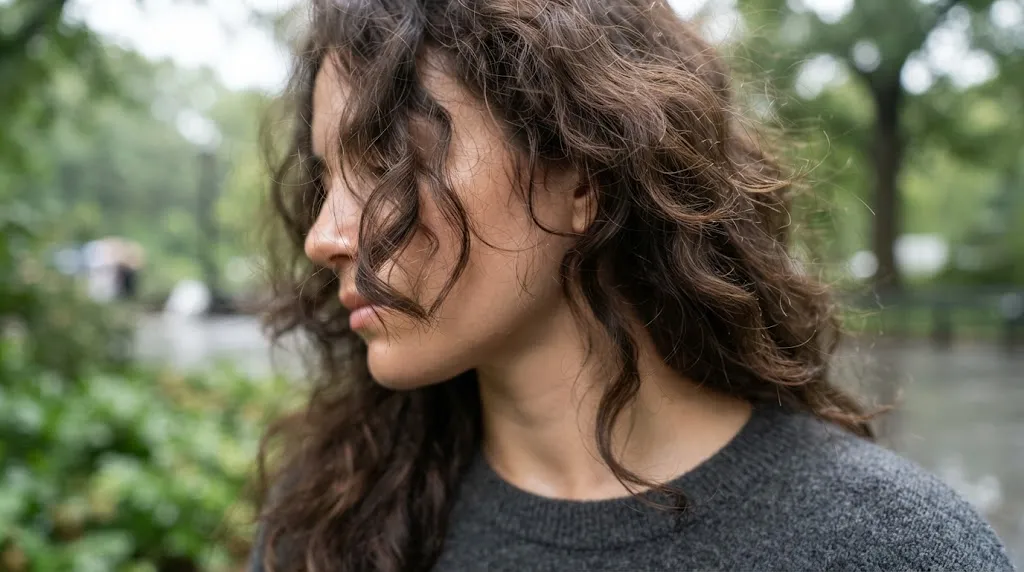 Close-up of wavy frizzy hair showing strands reacting to humidity and moisture in the air