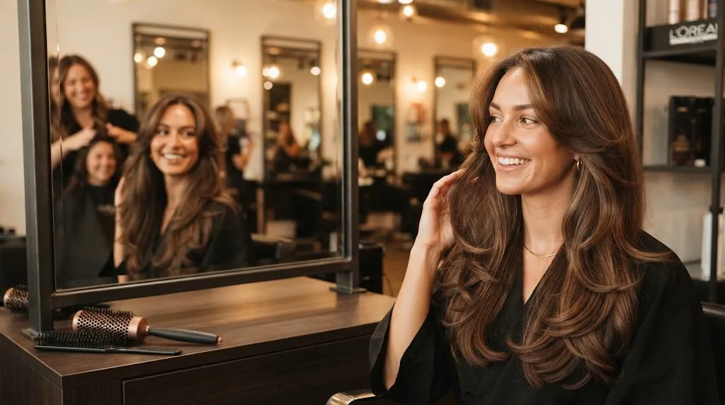 A woman in a salon looking in the mirror to check her hair length after getting a layer cut