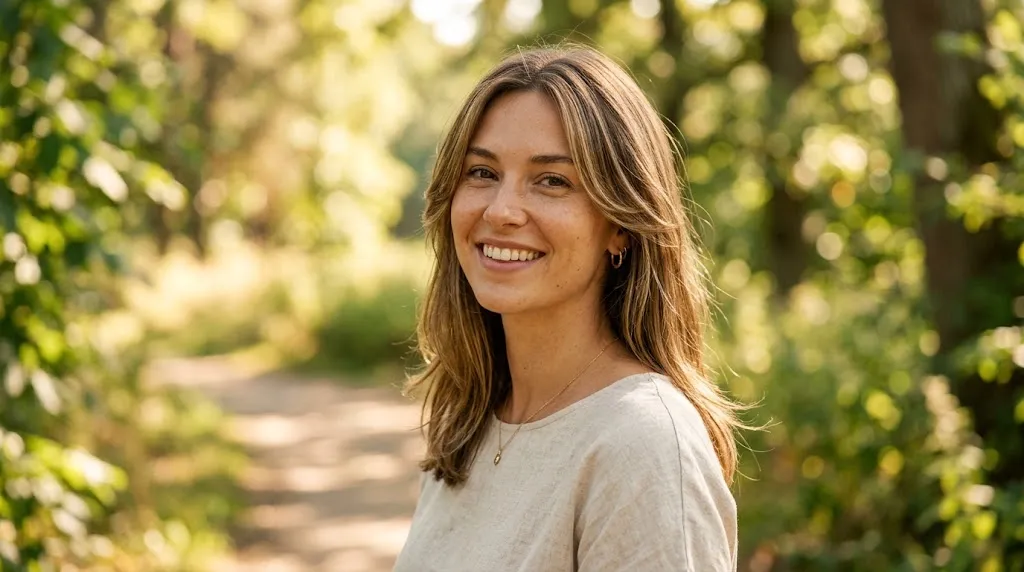 Woman showing effortless medium-length hair with subtle face-framing baby layers in sunny summer daylight