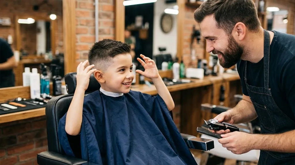Ek chota bacha barber shop mein barber ko apne summer haircut ke baare mein samjha raha hai.