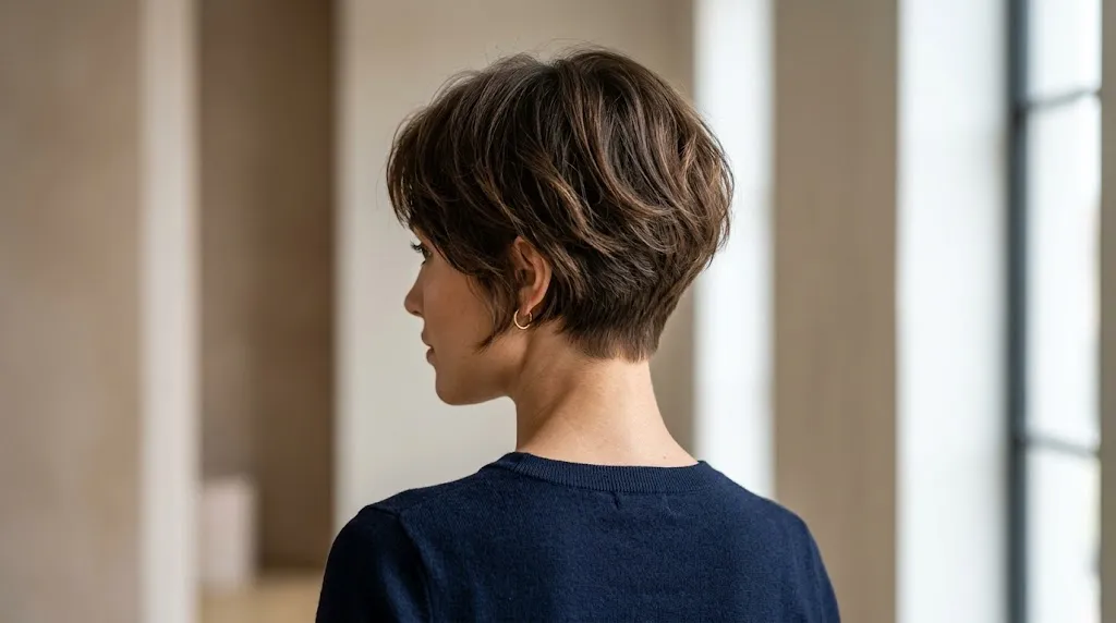 Woman showing a modern Bixie haircut with a short tapered nape and textured layers for summer