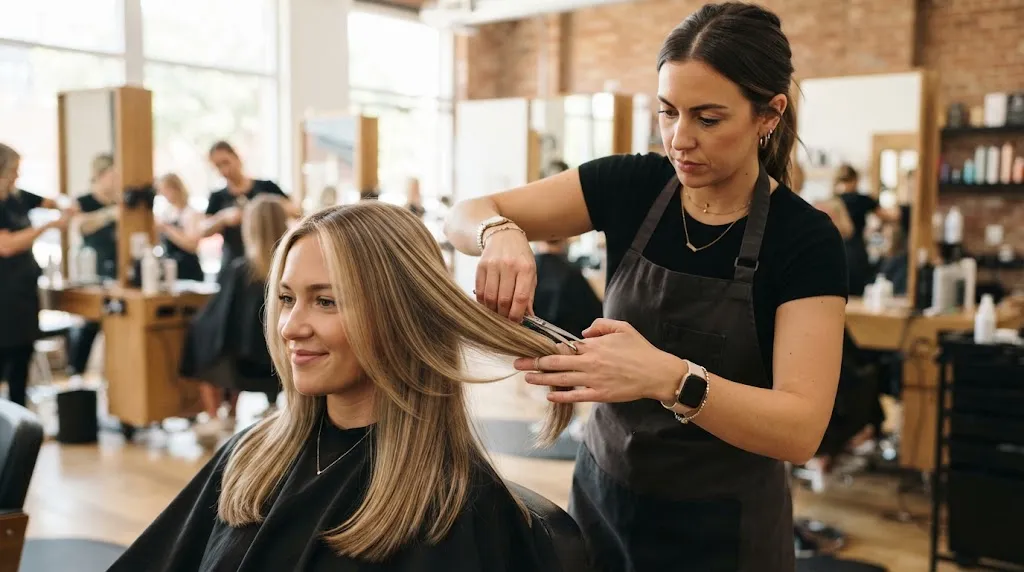 Professional hairstylist checking seamless blended layers versus step layers on hair in a salon