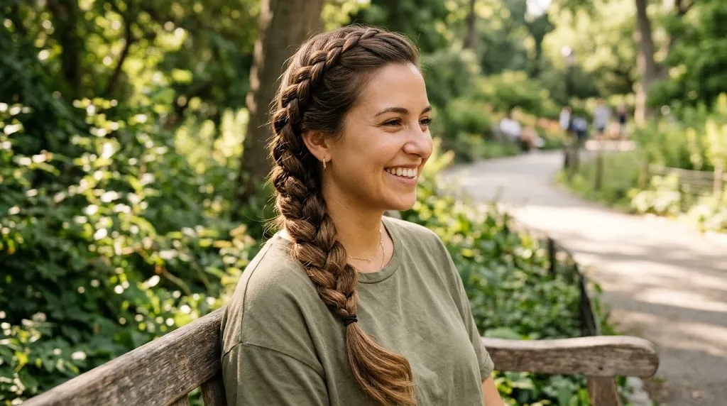 A woman showing off a beautiful and stylish side-swept Dutch braid in a casual park setting.
